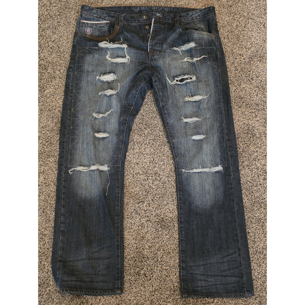Worior Jeans Men's 38x32 Button Fly Regular Fit Distressed Torn Dark